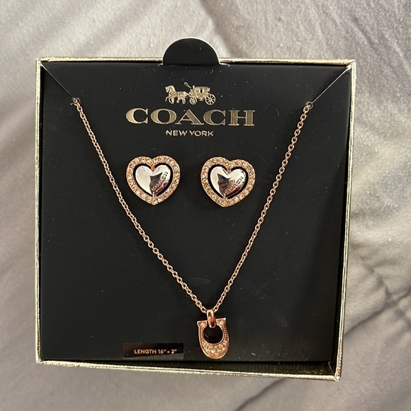 Coach Jewelry - NWT Coach Pave Sig C Necklace Heart And Crystals Stud Earrings Rose Gold Silver